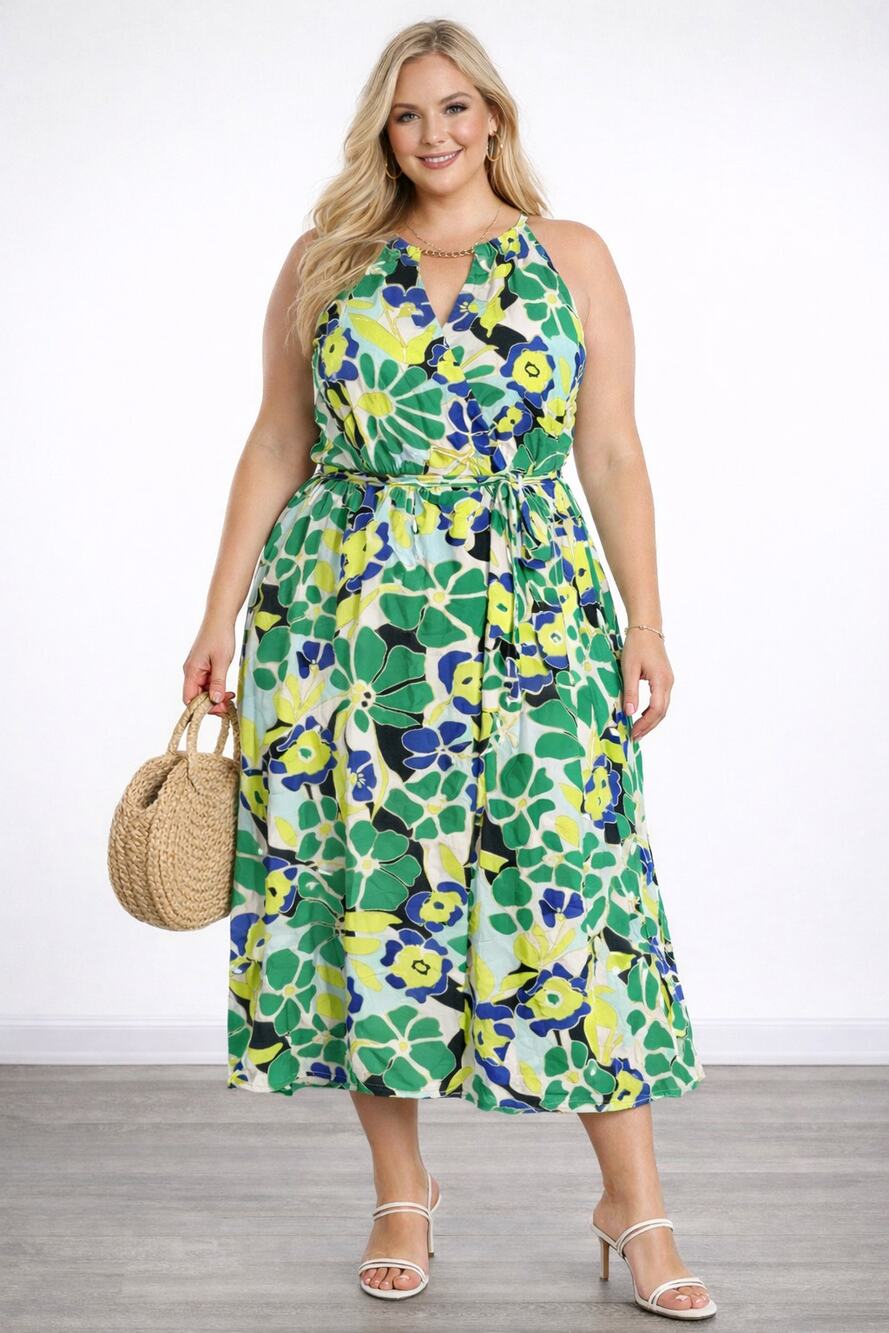 Love By Design Womens Floral Woven Maxi Dress Keyhole Neck 2X Green NWT Tropical